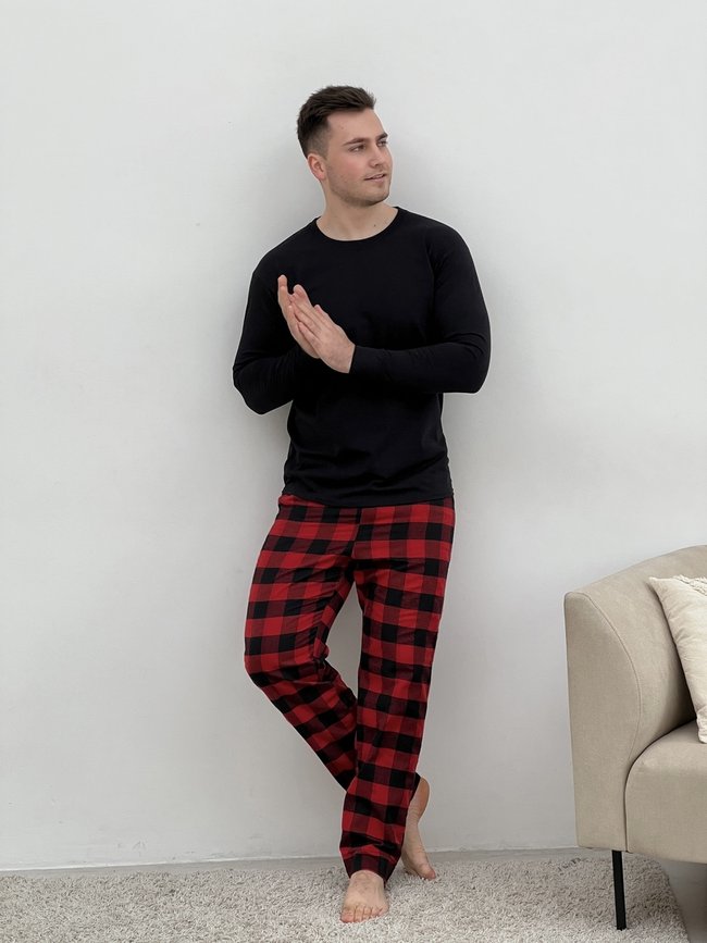 Домашняя пижама для мужчин COSY из фланели (штаны+лонгслив черный) красно/черные 10391368 фото Колготочка