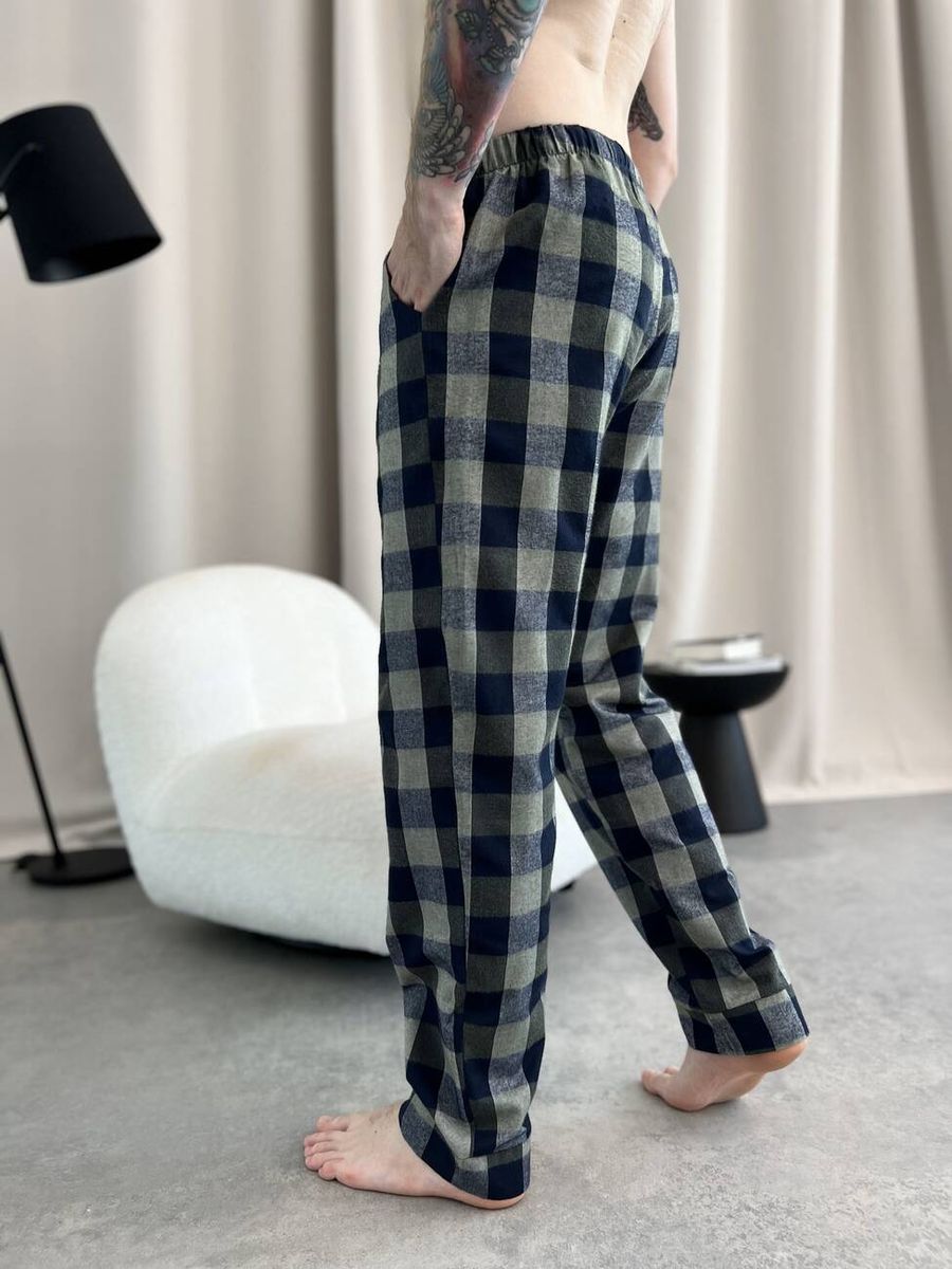 Домашня піжама для чоловіків COSY із фланелі (штани+лонгслив) клітина хакі 11249439 фото Колготочка