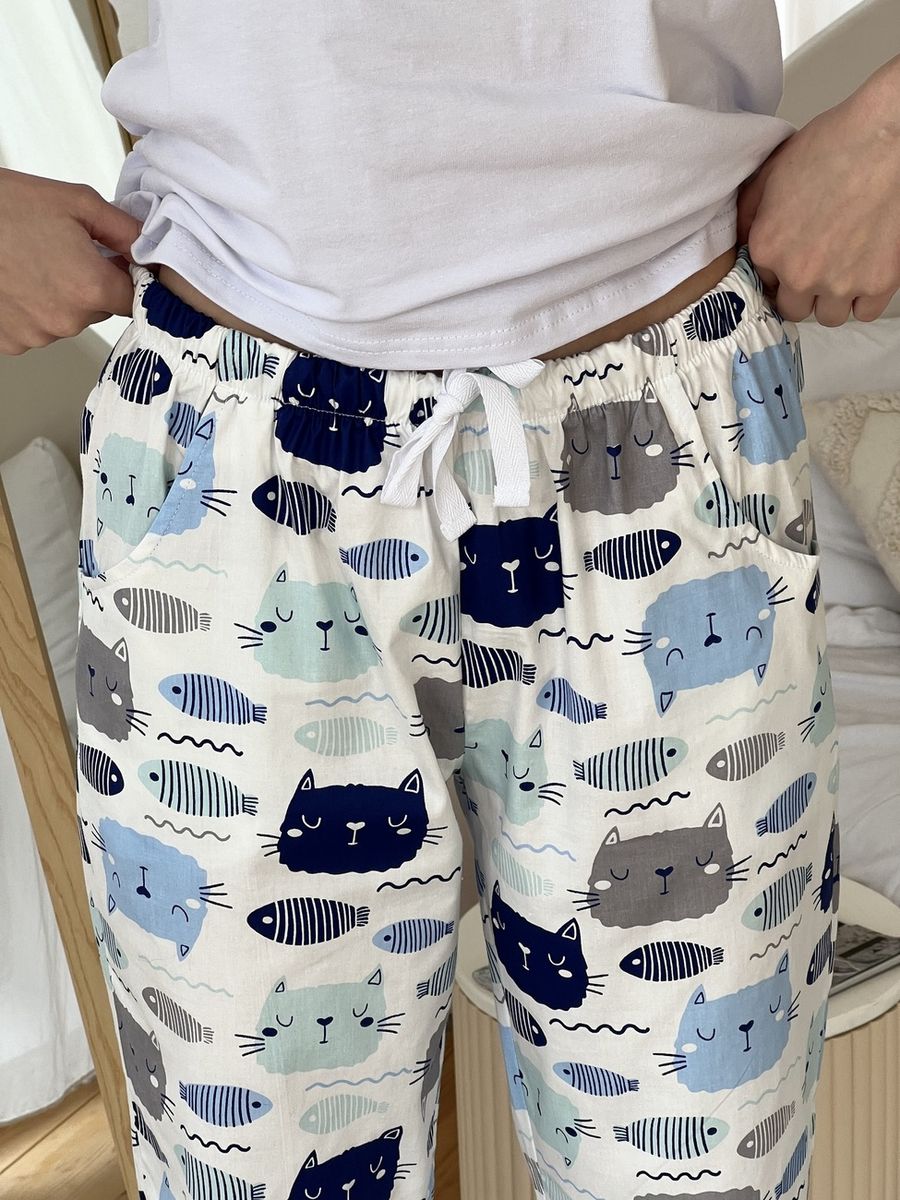 Женские Пижамные штаны COSY из сатина Котики Рыбки молочный S311P 10741810 фото Колготочка