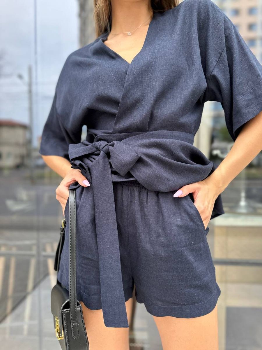 Женский льняной костюм Lotos (кимоно и шорты), S-M, темно-синій